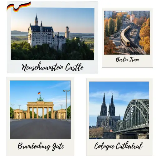 post card with pictures from germany, with Neuschwanstein castle, brandenburg gate, cologne cathedral and berlin tram